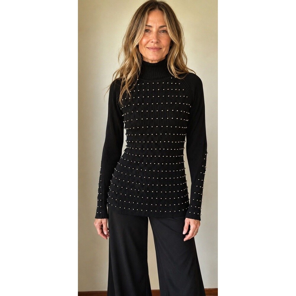 Love Token Studded Moc Neck Sweater Black Ribbed Knit Nailhead Size Large